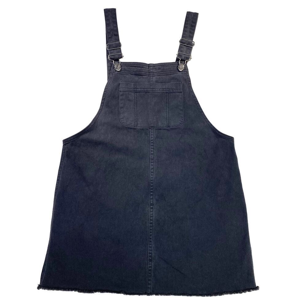 Women’s Denim Overall Mini Dress Black Distressed Pocket Cutoff Raw Hem